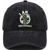 I Am Unstoppable Washed Cotton Baseball Cap Funny Weightlifting Dinosaur Gym