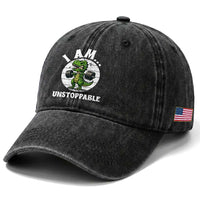 I Am Unstoppable Washed Cotton Baseball Cap Funny Weightlifting Dinosaur Gym
