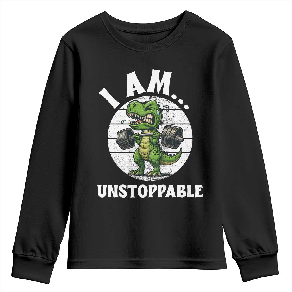 I Am Unstoppable Youth Sweatshirt Funny Weightlifting Dinosaur Gym - Wonder Print Shop