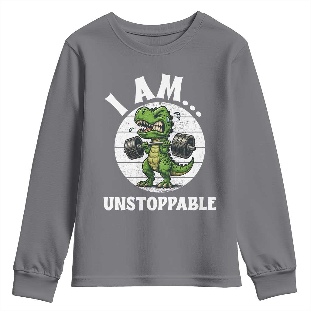 I Am Unstoppable Youth Sweatshirt Funny Weightlifting Dinosaur Gym - Wonder Print Shop