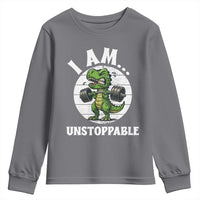 I Am Unstoppable Youth Sweatshirt Funny Weightlifting Dinosaur Gym - Wonder Print Shop