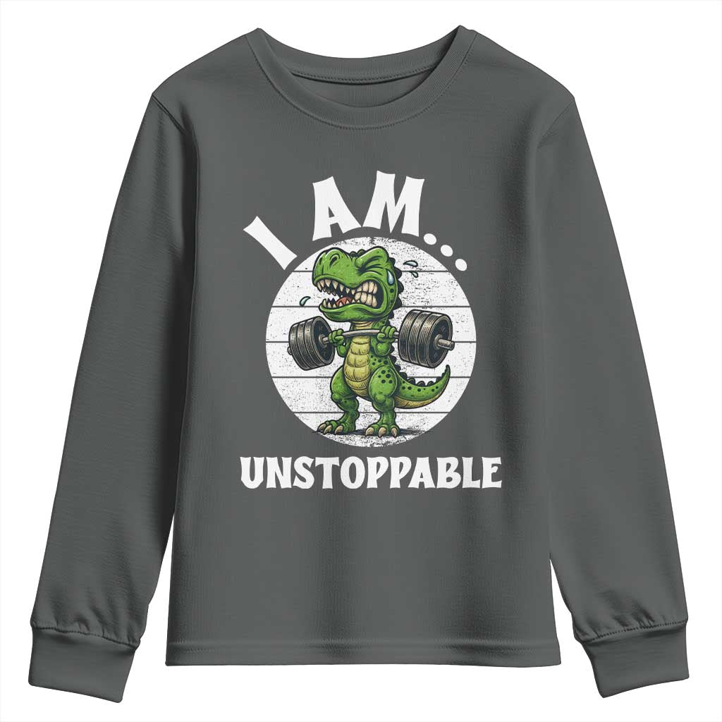 I Am Unstoppable Youth Sweatshirt Funny Weightlifting Dinosaur Gym - Wonder Print Shop