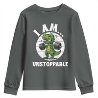 I Am Unstoppable Youth Sweatshirt Funny Weightlifting Dinosaur Gym - Wonder Print Shop