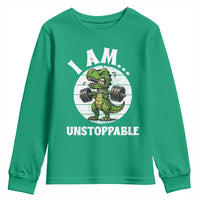 I Am Unstoppable Youth Sweatshirt Funny Weightlifting Dinosaur Gym - Wonder Print Shop