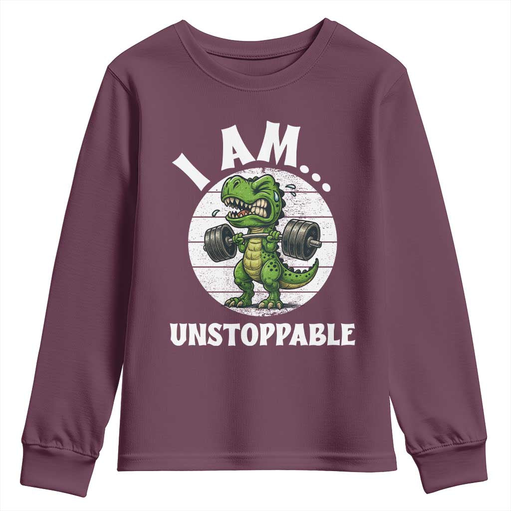 I Am Unstoppable Youth Sweatshirt Funny Weightlifting Dinosaur Gym - Wonder Print Shop