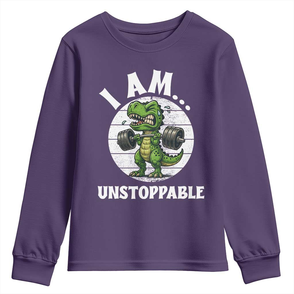 I Am Unstoppable Youth Sweatshirt Funny Weightlifting Dinosaur Gym - Wonder Print Shop