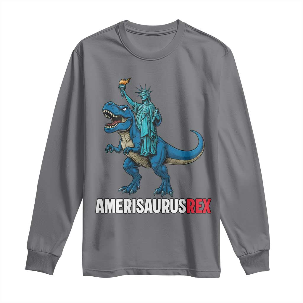 Patriotic Dinosaur Long Sleeve Shirt Funny Amerisaurus Rex Statue Of Liberty Dino - Wonder Print Shop