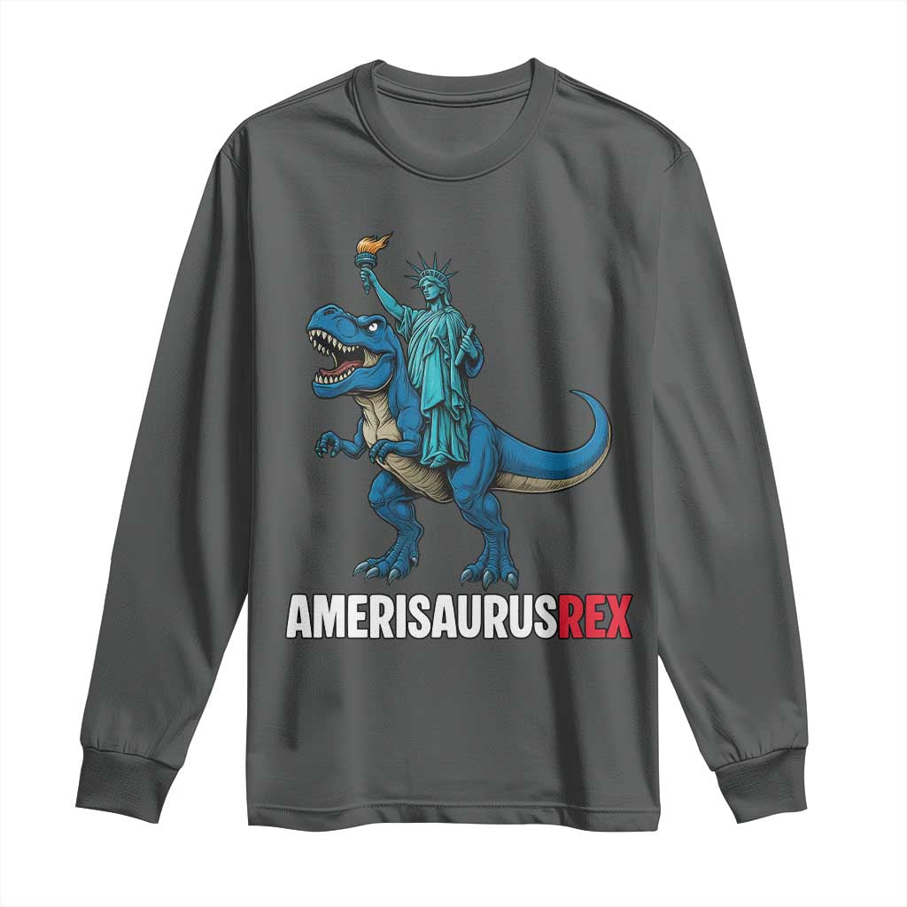 Patriotic Dinosaur Long Sleeve Shirt Funny Amerisaurus Rex Statue Of Liberty Dino - Wonder Print Shop