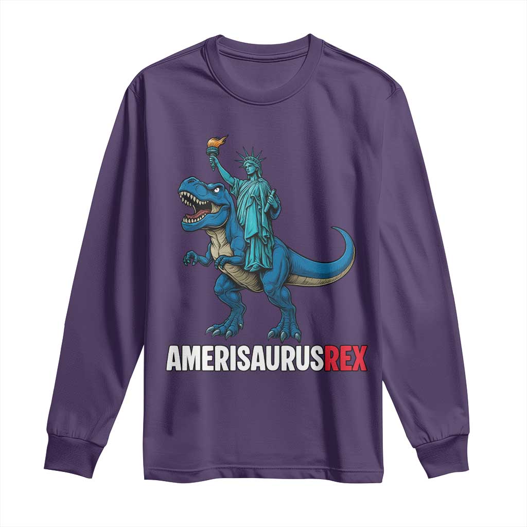 Patriotic Dinosaur Long Sleeve Shirt Funny Amerisaurus Rex Statue Of Liberty Dino - Wonder Print Shop