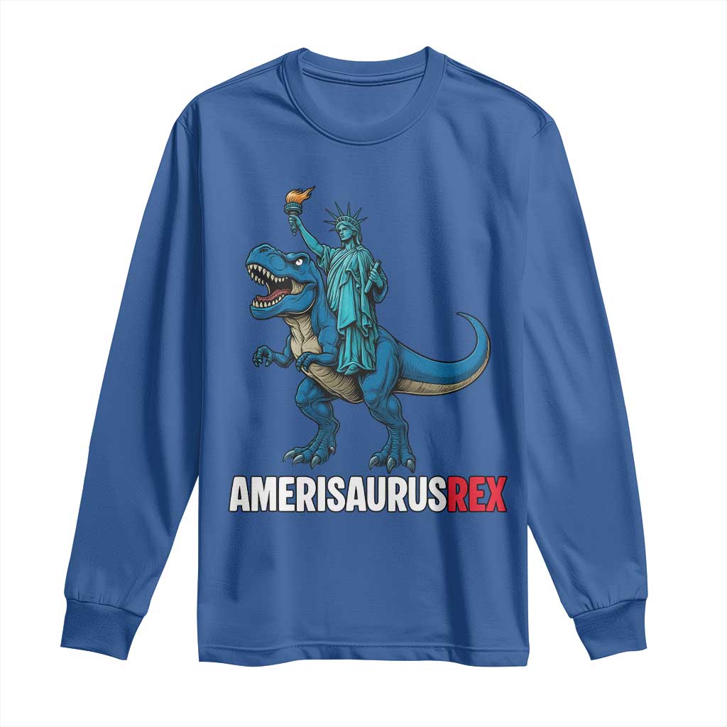 Patriotic Dinosaur Long Sleeve Shirt Funny Amerisaurus Rex Statue Of Liberty Dino - Wonder Print Shop