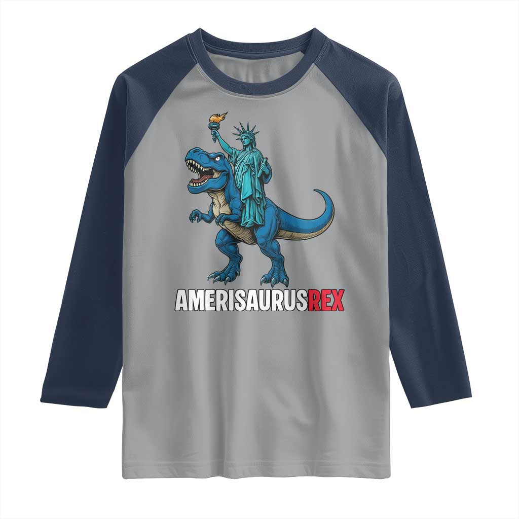 Patriotic Dinosaur Raglan Shirt Funny Amerisaurus Rex Statue Of Liberty Dino - Wonder Print Shop
