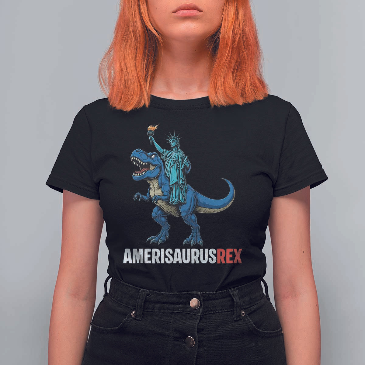 Patriotic Dinosaur T Shirt For Women Funny Amerisaurus Rex Statue Of Liberty Dino - Wonder Print Shop