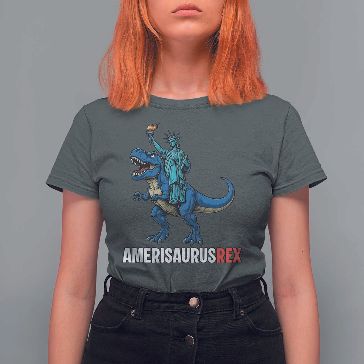 Patriotic Dinosaur T Shirt For Women Funny Amerisaurus Rex Statue Of Liberty Dino - Wonder Print Shop