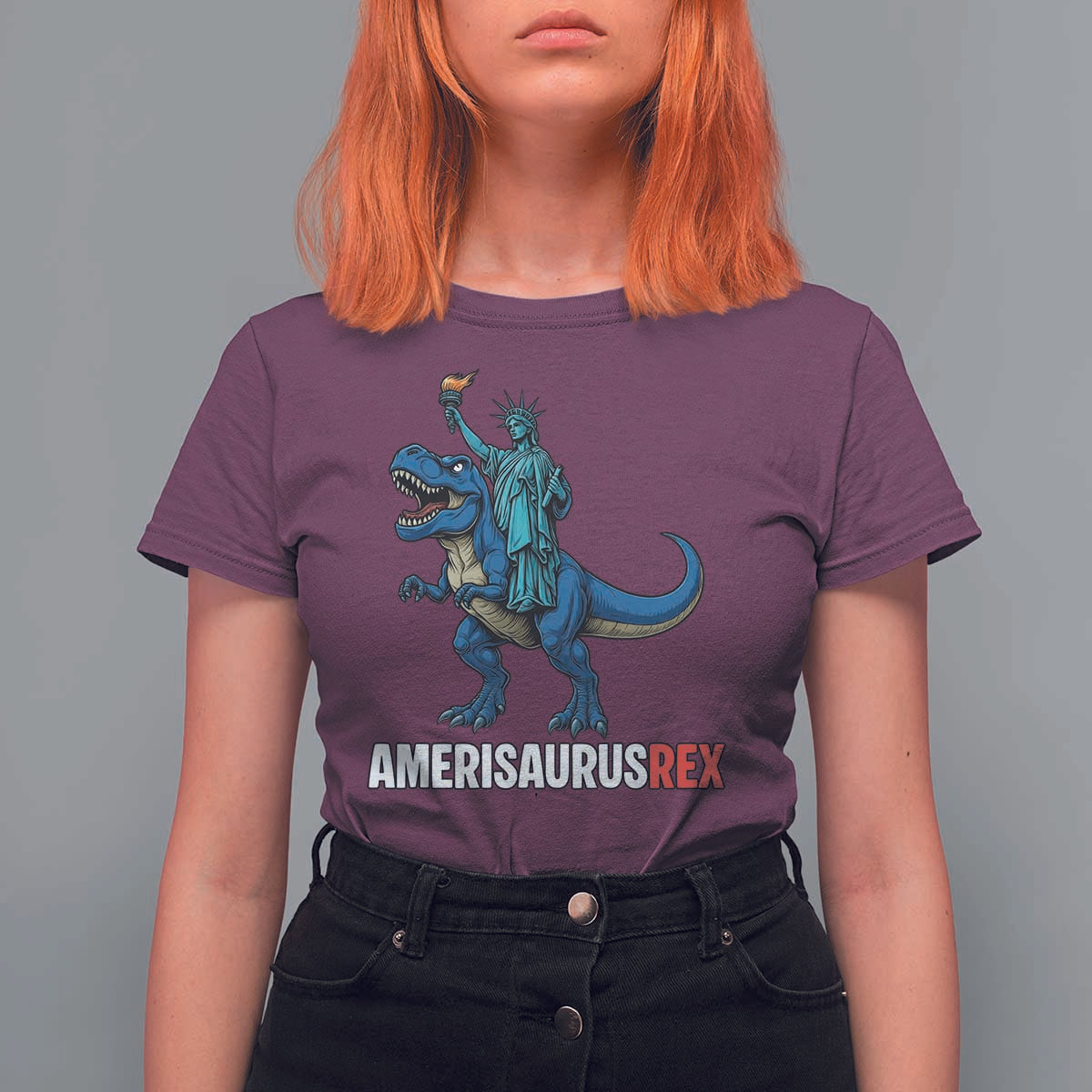 Patriotic Dinosaur T Shirt For Women Funny Amerisaurus Rex Statue Of Liberty Dino - Wonder Print Shop