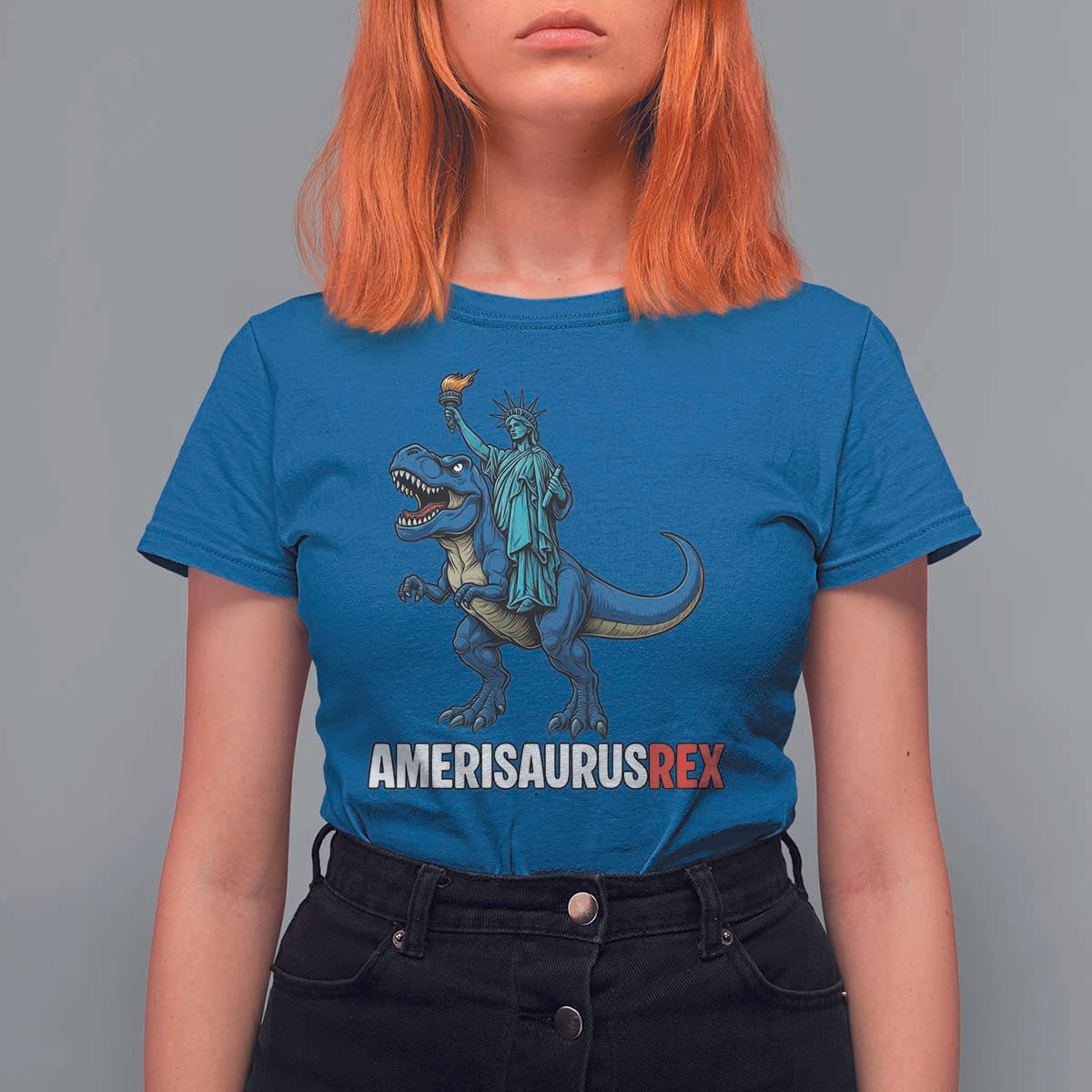 Patriotic Dinosaur T Shirt For Women Funny Amerisaurus Rex Statue Of Liberty Dino - Wonder Print Shop