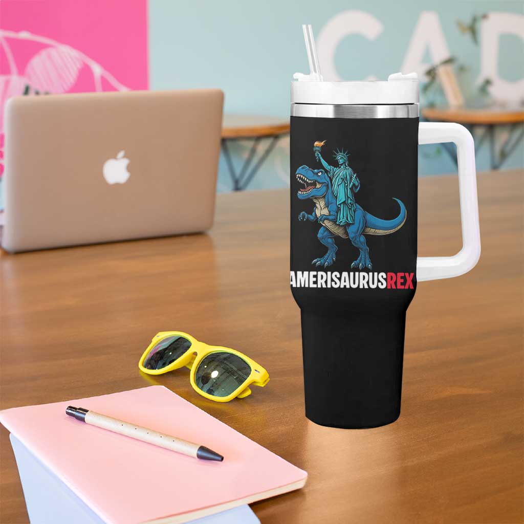 Patriotic Dinosaur Tumbler With Handle Funny Amerisaurus Rex Statue Of Liberty Dino