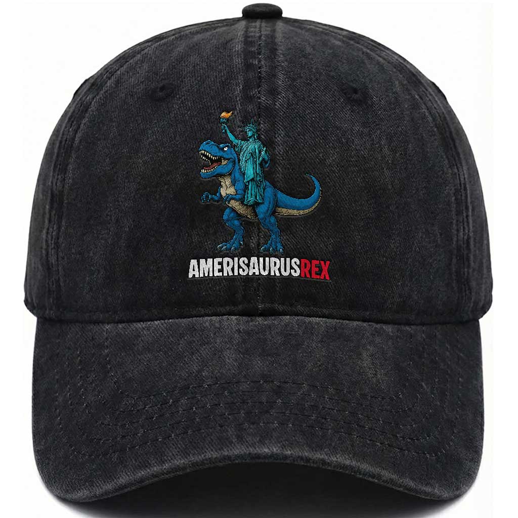 Patriotic Dinosaur Washed Cotton Baseball Cap Funny Amerisaurus Rex Statue Of Liberty Dino