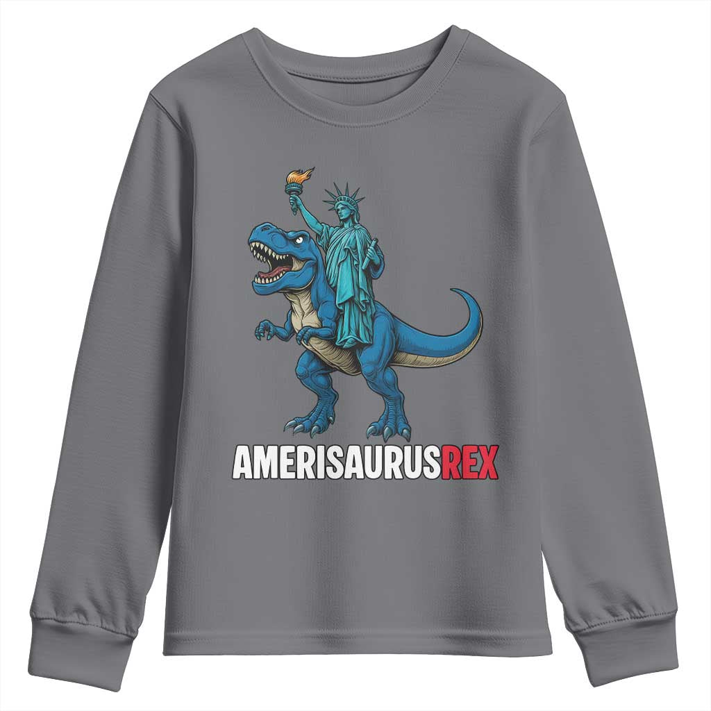 Patriotic Dinosaur Youth Sweatshirt Funny Amerisaurus Rex Statue Of Liberty Dino - Wonder Print Shop