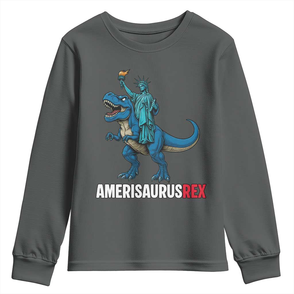 Patriotic Dinosaur Youth Sweatshirt Funny Amerisaurus Rex Statue Of Liberty Dino - Wonder Print Shop
