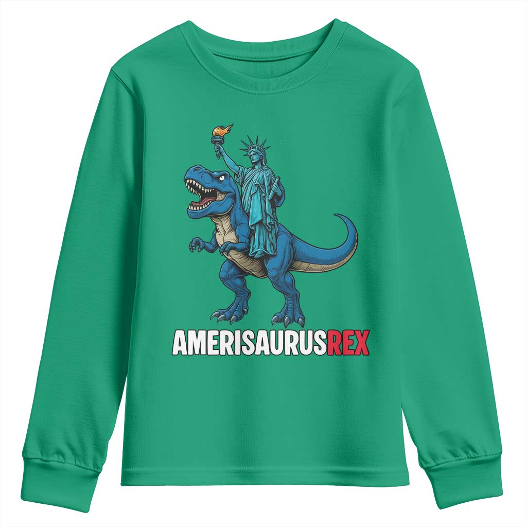 Patriotic Dinosaur Youth Sweatshirt Funny Amerisaurus Rex Statue Of Liberty Dino - Wonder Print Shop
