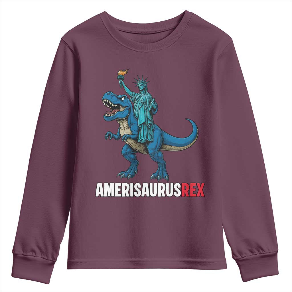 Patriotic Dinosaur Youth Sweatshirt Funny Amerisaurus Rex Statue Of Liberty Dino - Wonder Print Shop