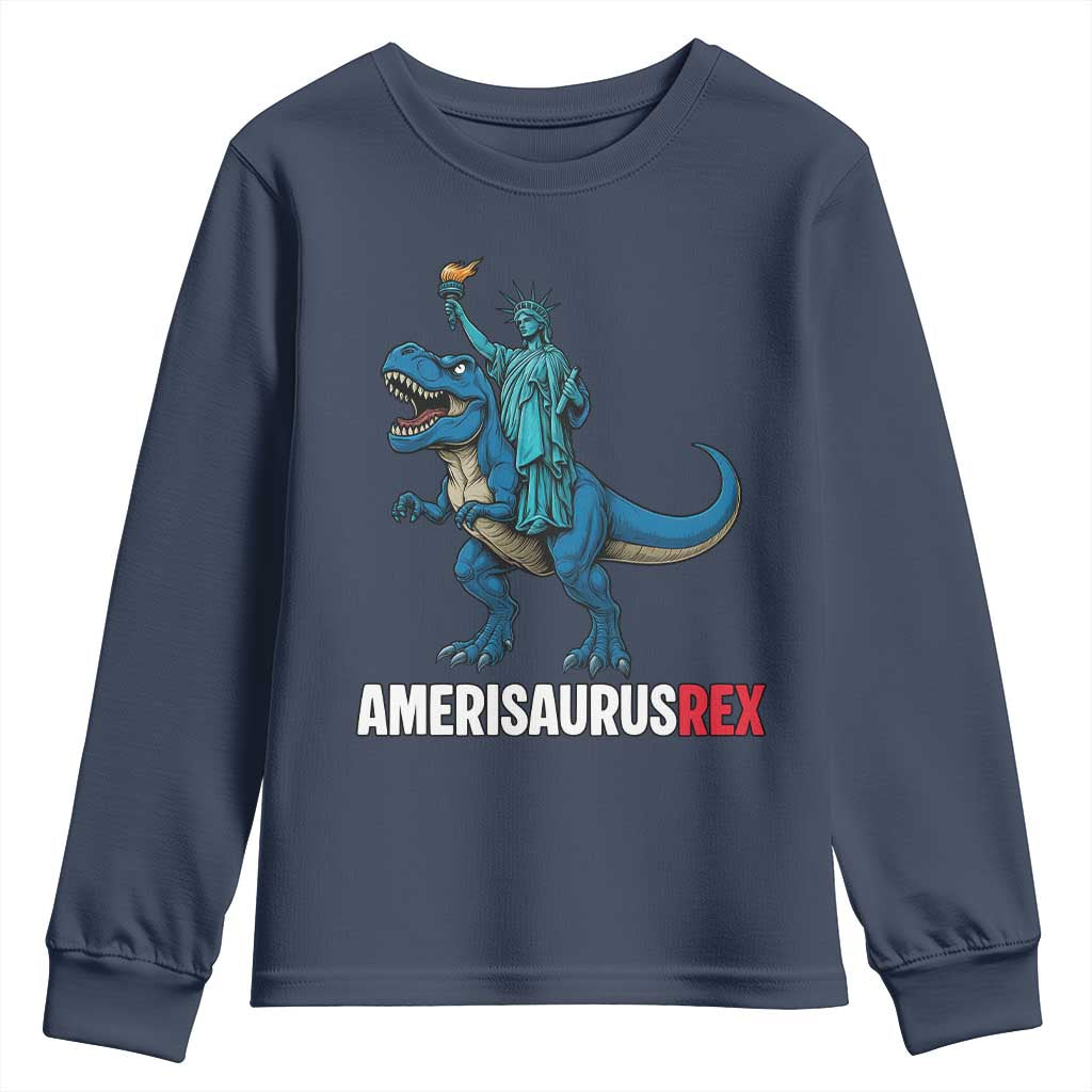 Patriotic Dinosaur Youth Sweatshirt Funny Amerisaurus Rex Statue Of Liberty Dino - Wonder Print Shop