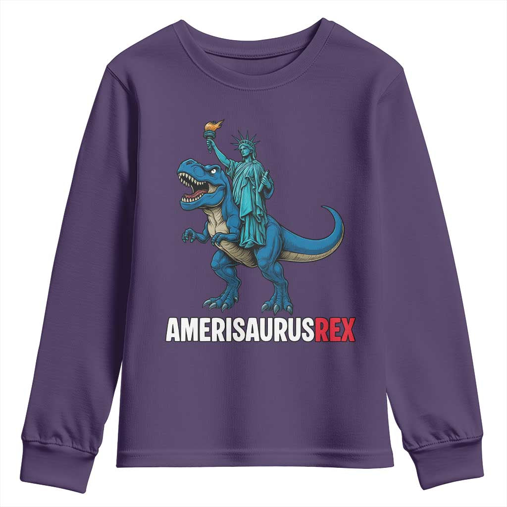Patriotic Dinosaur Youth Sweatshirt Funny Amerisaurus Rex Statue Of Liberty Dino - Wonder Print Shop