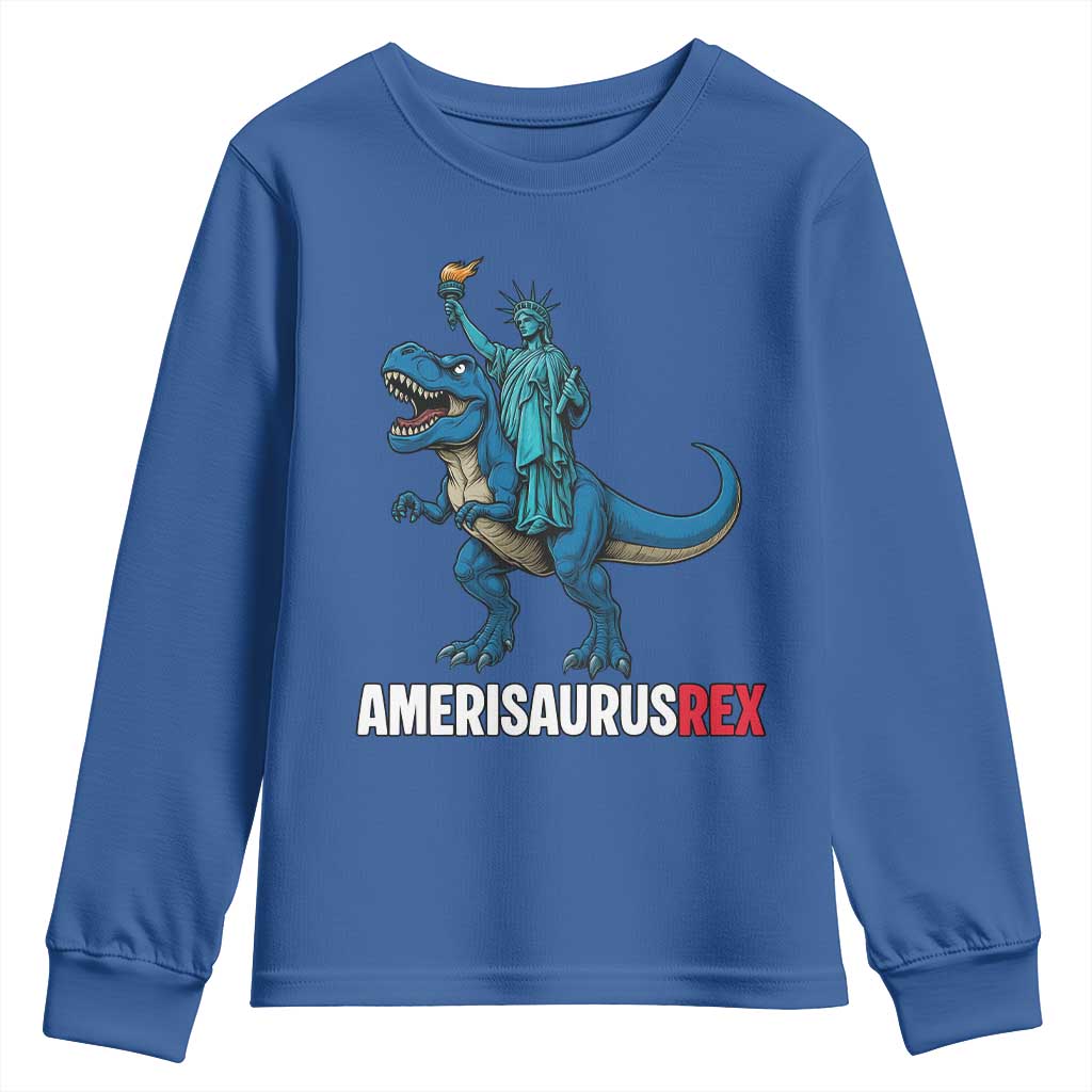 Patriotic Dinosaur Youth Sweatshirt Funny Amerisaurus Rex Statue Of Liberty Dino - Wonder Print Shop