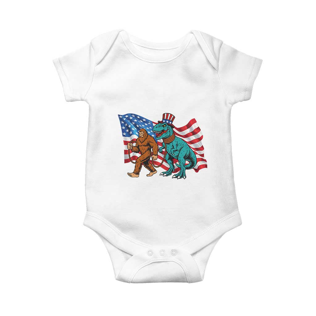 Funny Patriotic Baby Onesie Bigfoot Walking Dinosaur With USA Flag - Wonder Print Shop