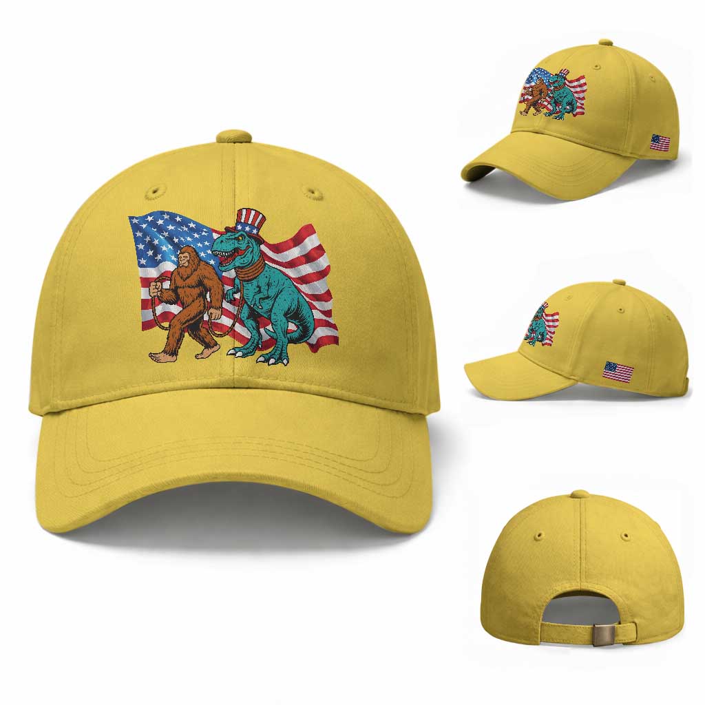Funny Patriotic Baseball Cap Bigfoot Walking Dinosaur With USA Flag