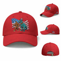 Funny Patriotic Baseball Cap Bigfoot Walking Dinosaur With USA Flag