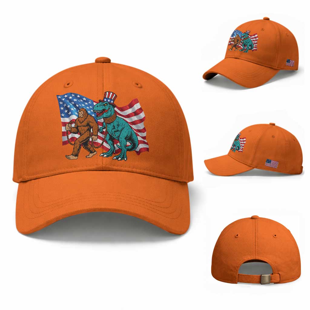 Funny Patriotic Baseball Cap Bigfoot Walking Dinosaur With USA Flag