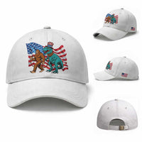 Funny Patriotic Baseball Cap Bigfoot Walking Dinosaur With USA Flag