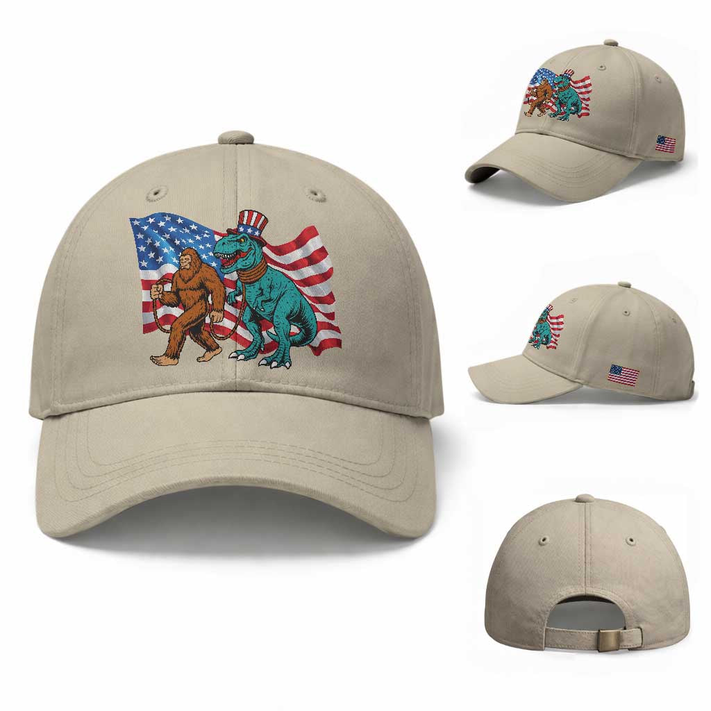 Funny Patriotic Baseball Cap Bigfoot Walking Dinosaur With USA Flag