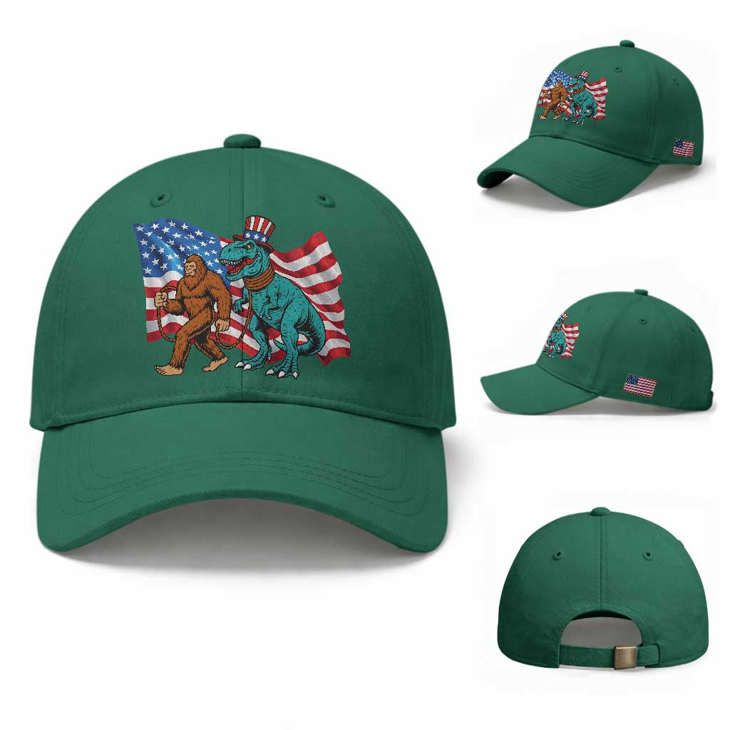 Funny Patriotic Baseball Cap Bigfoot Walking Dinosaur With USA Flag