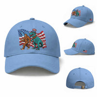 Funny Patriotic Baseball Cap Bigfoot Walking Dinosaur With USA Flag
