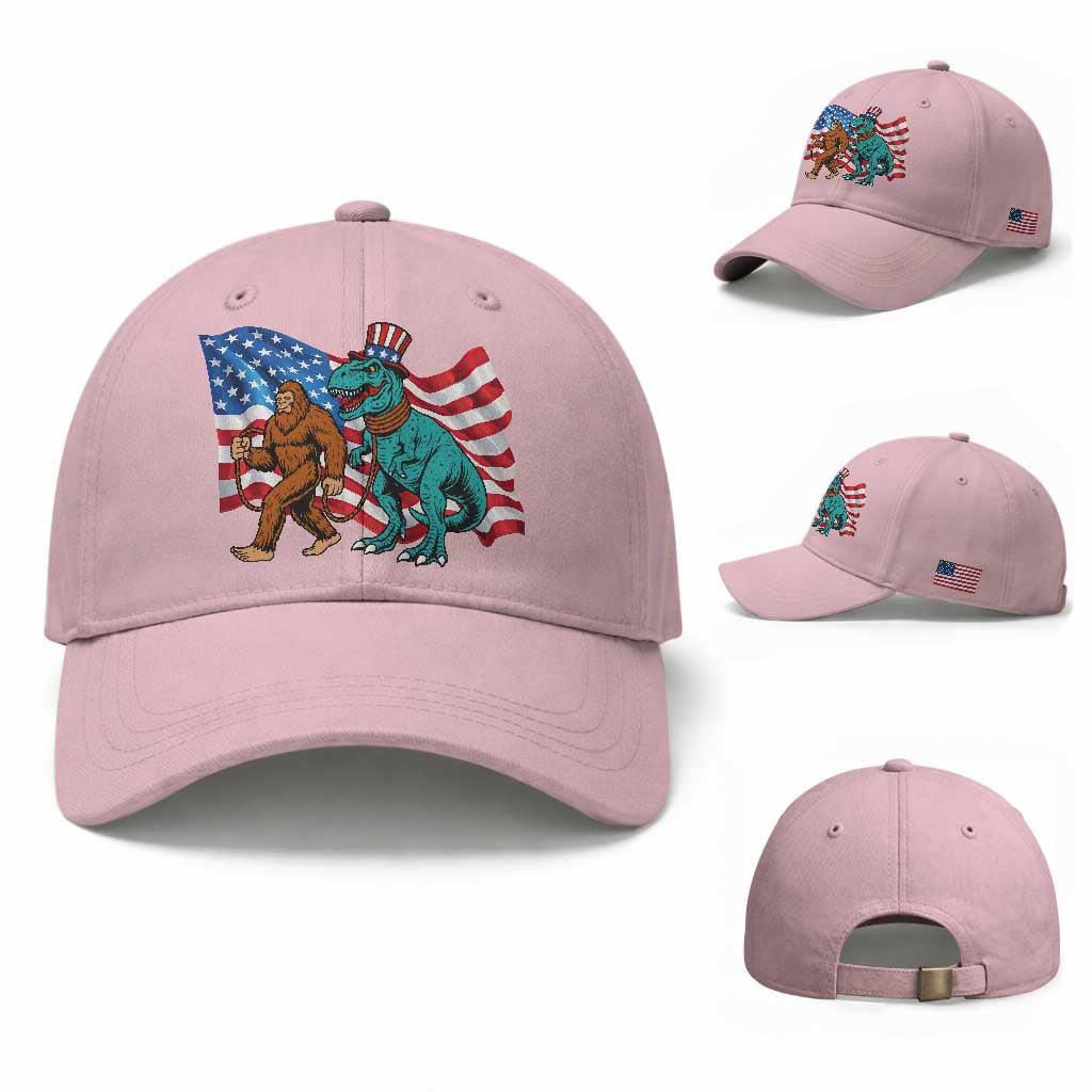 Funny Patriotic Baseball Cap Bigfoot Walking Dinosaur With USA Flag