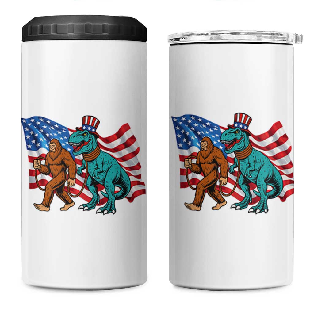 Funny Patriotic 4 in 1 Can Cooler Tumbler Bigfoot Walking Dinosaur With USA Flag