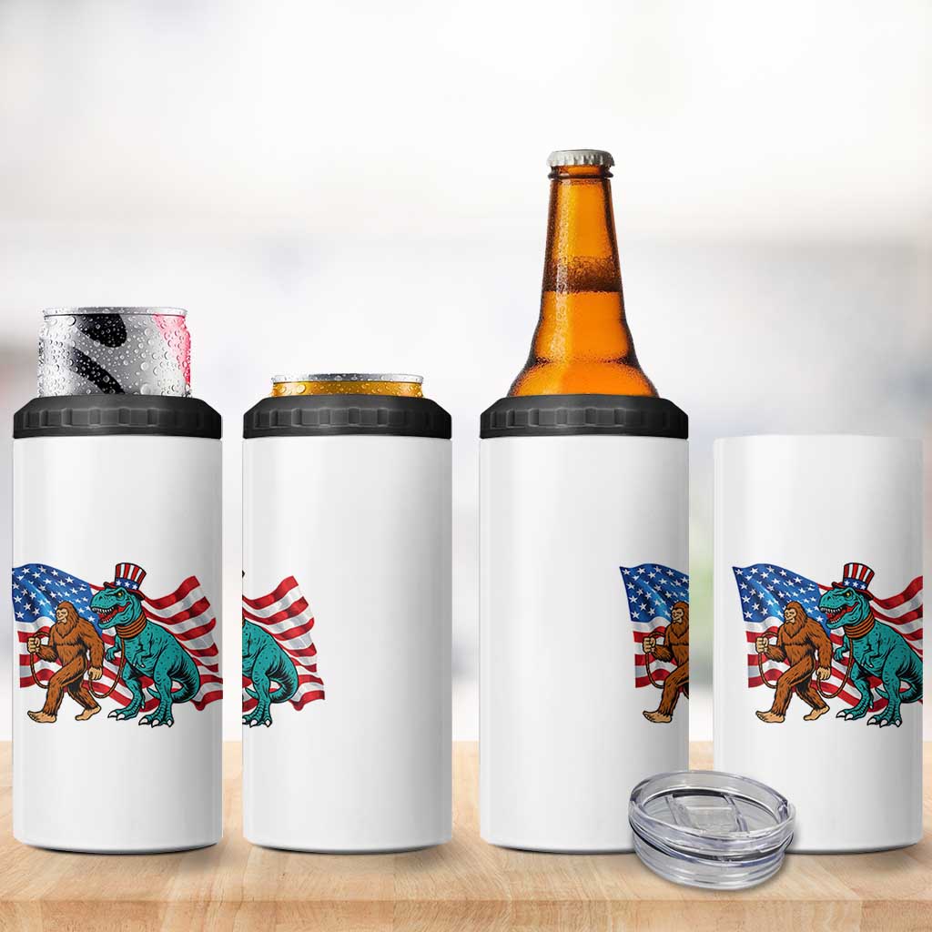 Funny Patriotic 4 in 1 Can Cooler Tumbler Bigfoot Walking Dinosaur With USA Flag