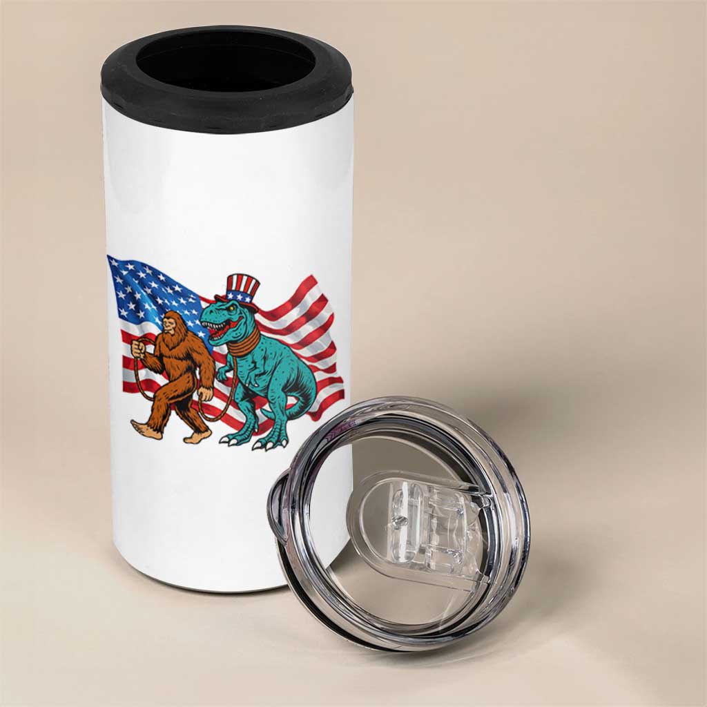 Funny Patriotic 4 in 1 Can Cooler Tumbler Bigfoot Walking Dinosaur With USA Flag