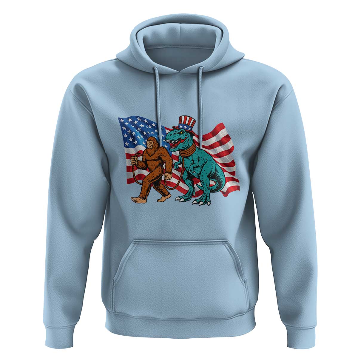 Funny Patriotic Hoodie Bigfoot Walking Dinosaur With USA Flag - Wonder Print Shop