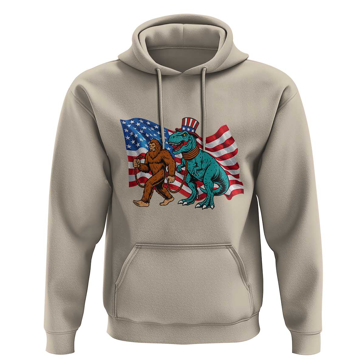 Funny Patriotic Hoodie Bigfoot Walking Dinosaur With USA Flag - Wonder Print Shop