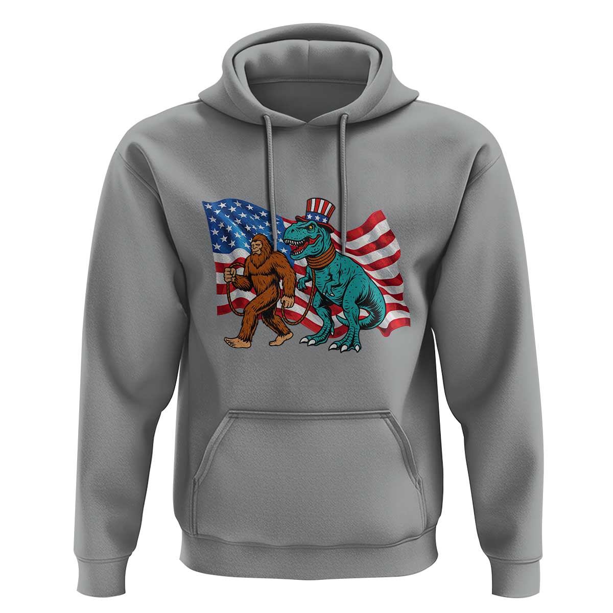 Funny Patriotic Hoodie Bigfoot Walking Dinosaur With USA Flag - Wonder Print Shop