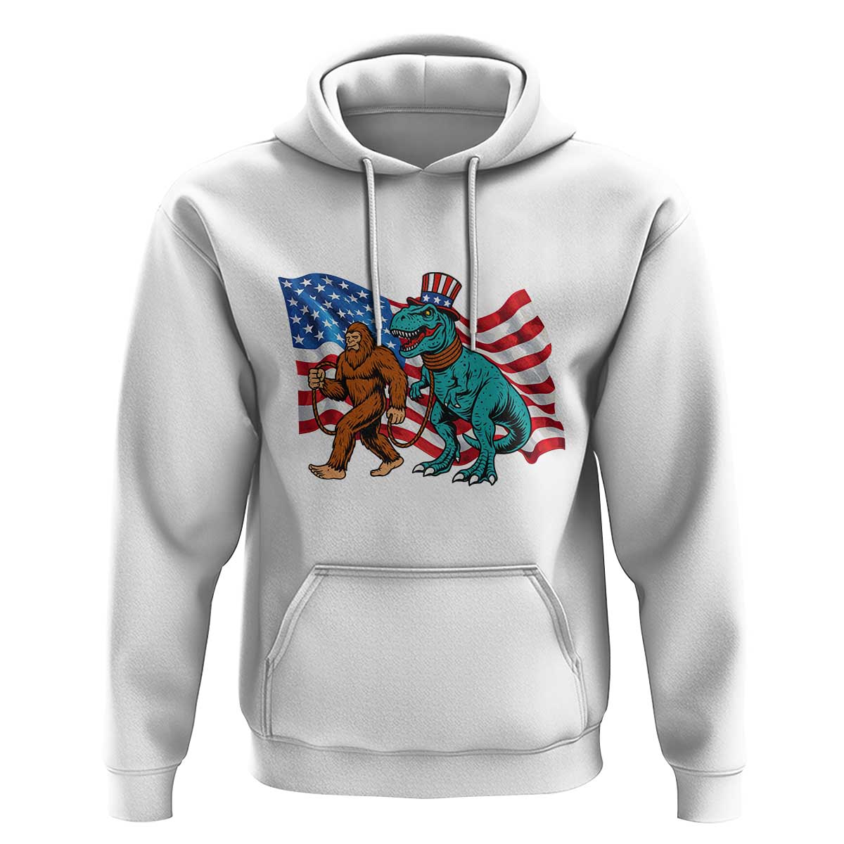 Funny Patriotic Hoodie Bigfoot Walking Dinosaur With USA Flag - Wonder Print Shop
