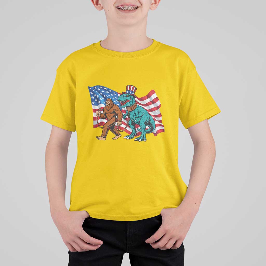 Funny Patriotic T Shirt For Kid Bigfoot Walking Dinosaur With USA Flag - Wonder Print Shop