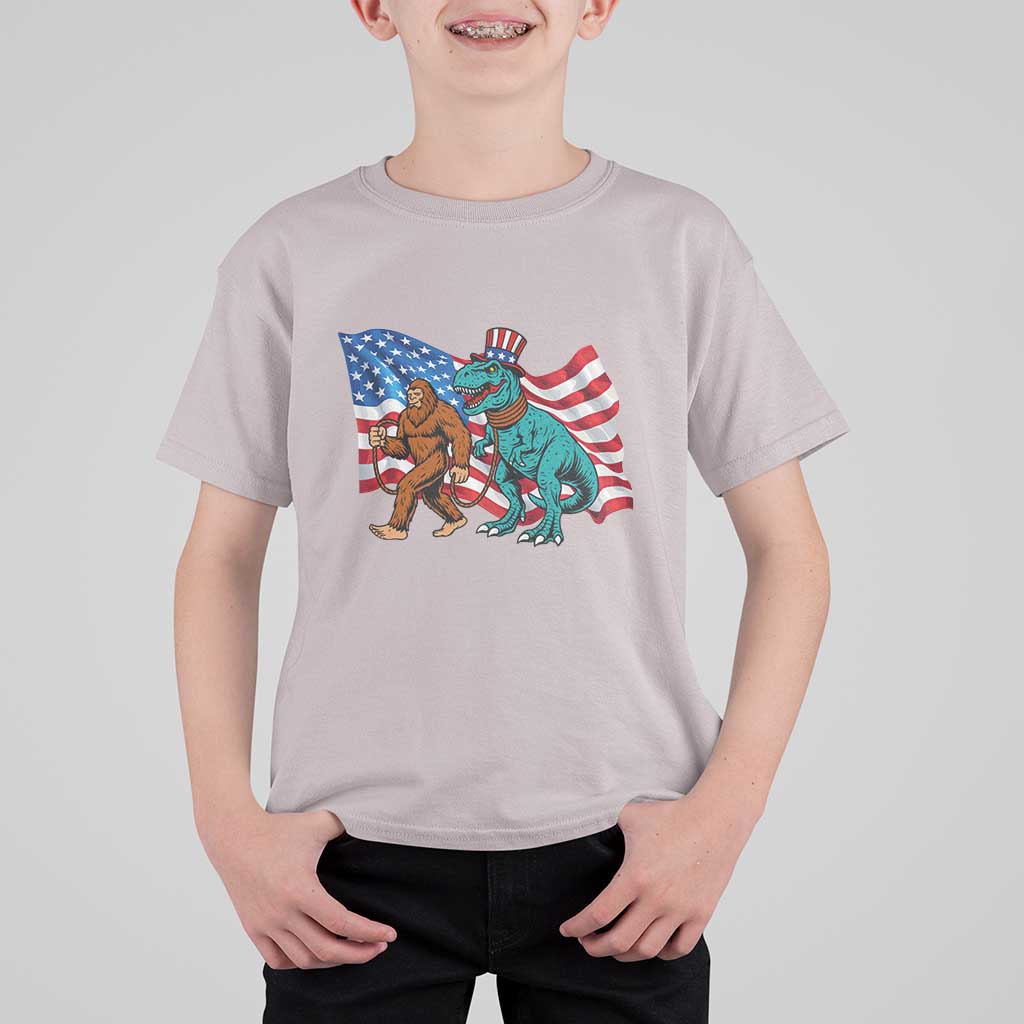 Funny Patriotic T Shirt For Kid Bigfoot Walking Dinosaur With USA Flag - Wonder Print Shop