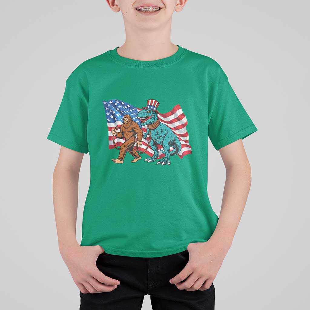 Funny Patriotic T Shirt For Kid Bigfoot Walking Dinosaur With USA Flag - Wonder Print Shop