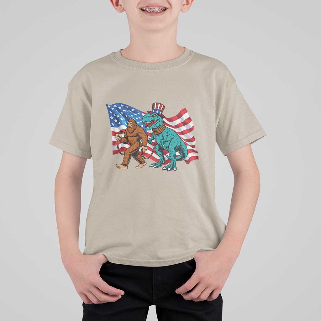 Funny Patriotic T Shirt For Kid Bigfoot Walking Dinosaur With USA Flag - Wonder Print Shop
