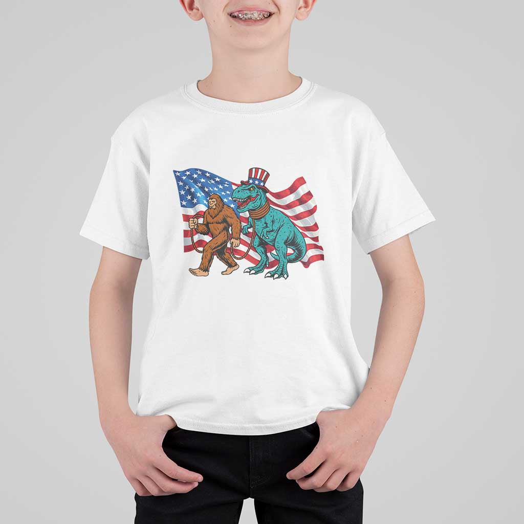 Funny Patriotic T Shirt For Kid Bigfoot Walking Dinosaur With USA Flag - Wonder Print Shop