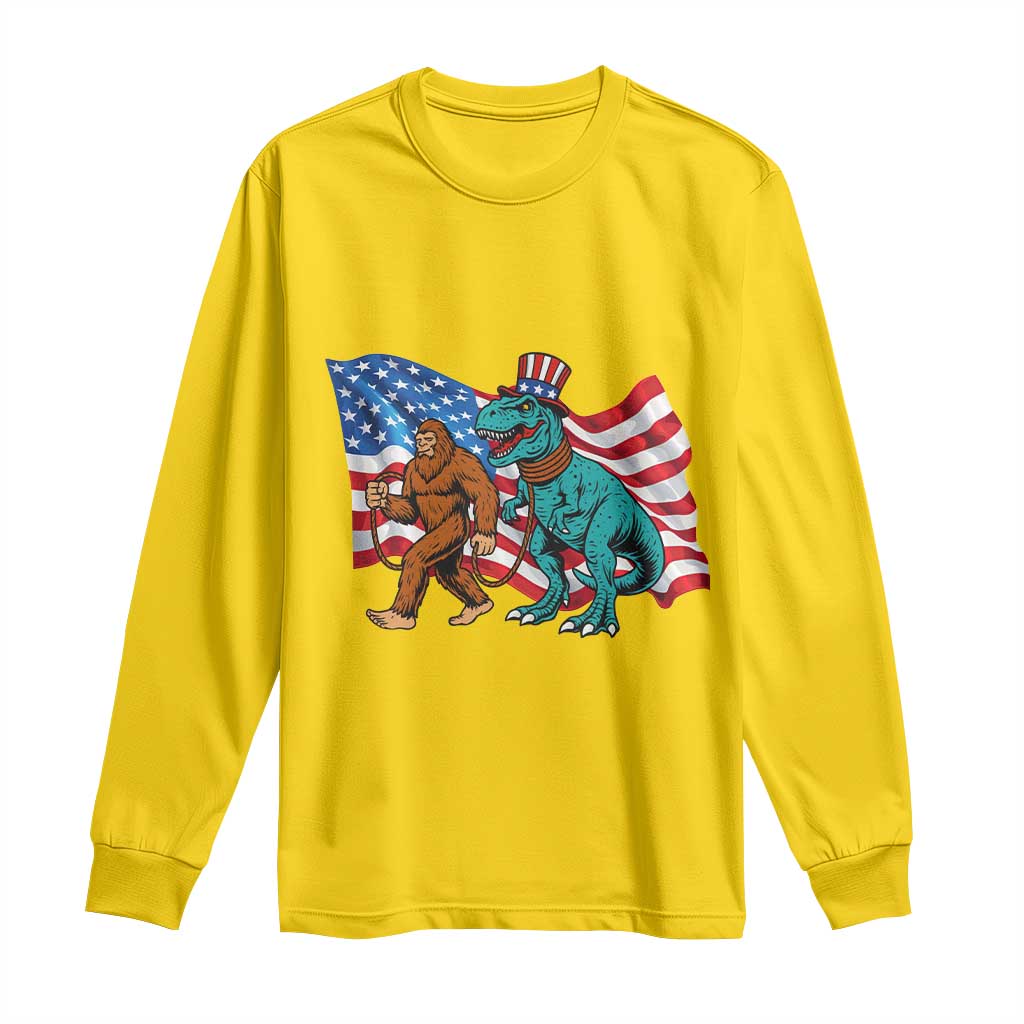 Funny Patriotic Long Sleeve Shirt Bigfoot Walking Dinosaur With USA Flag - Wonder Print Shop